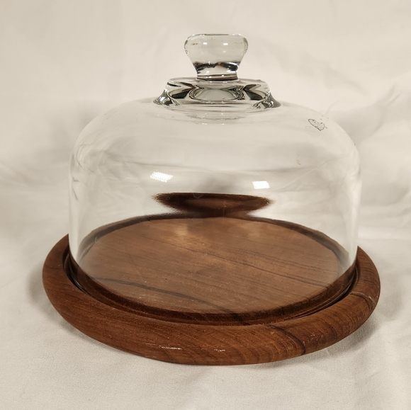 Vintage Good Wood Genuine Teakwood Cheese Tray w/ Heavy Glass Dome Cover Dish - Picture 1 of 8
